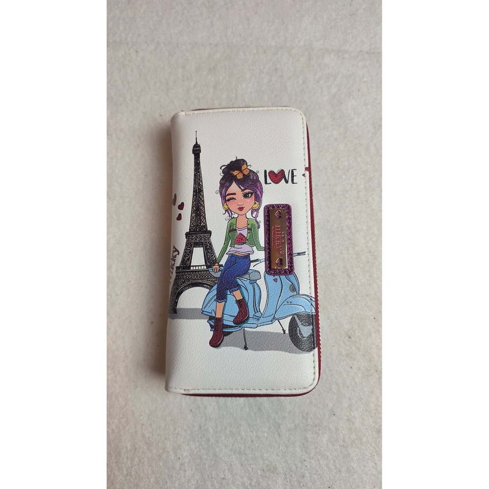 Nikky by Nicole Lee Paris Girl Scooter Double Zip Wallet Retired Art NIB